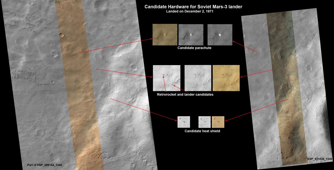 Par de imagens da câmera HiRISE, em órbita de Marte, mostrando o que podem ser peças do módulo de pouso da Mars 3.